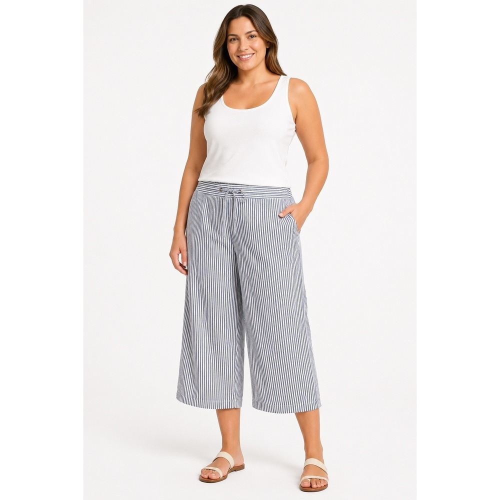 Per Se 1X Blue White Stripe Linen Blend Wide Leg Crop Pants Coastal Pull On EUC